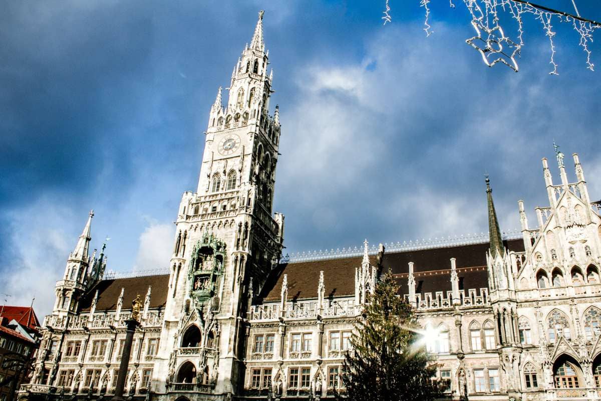 Munich Marienplatz with cloudy skies at Christmas.